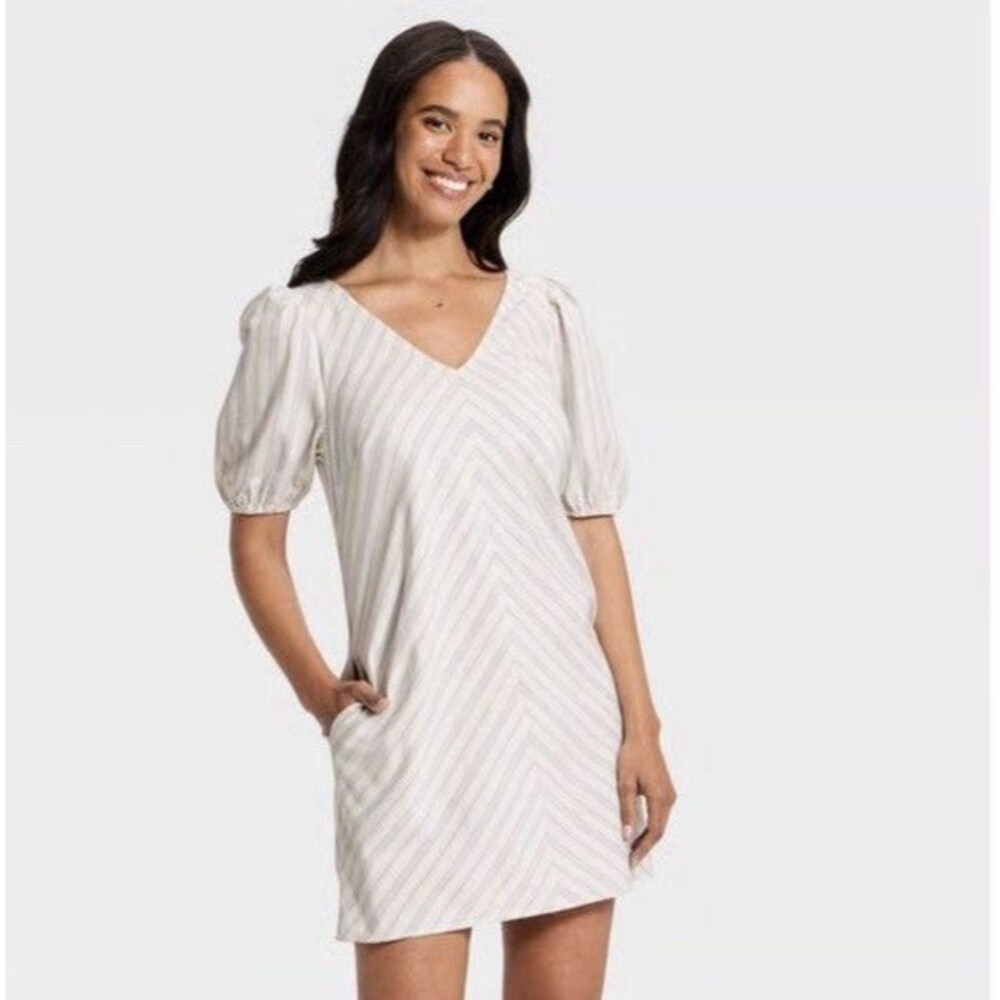 Women’s Puff Sleeve Mini Airline Dress A New Day Cream Striped Medium